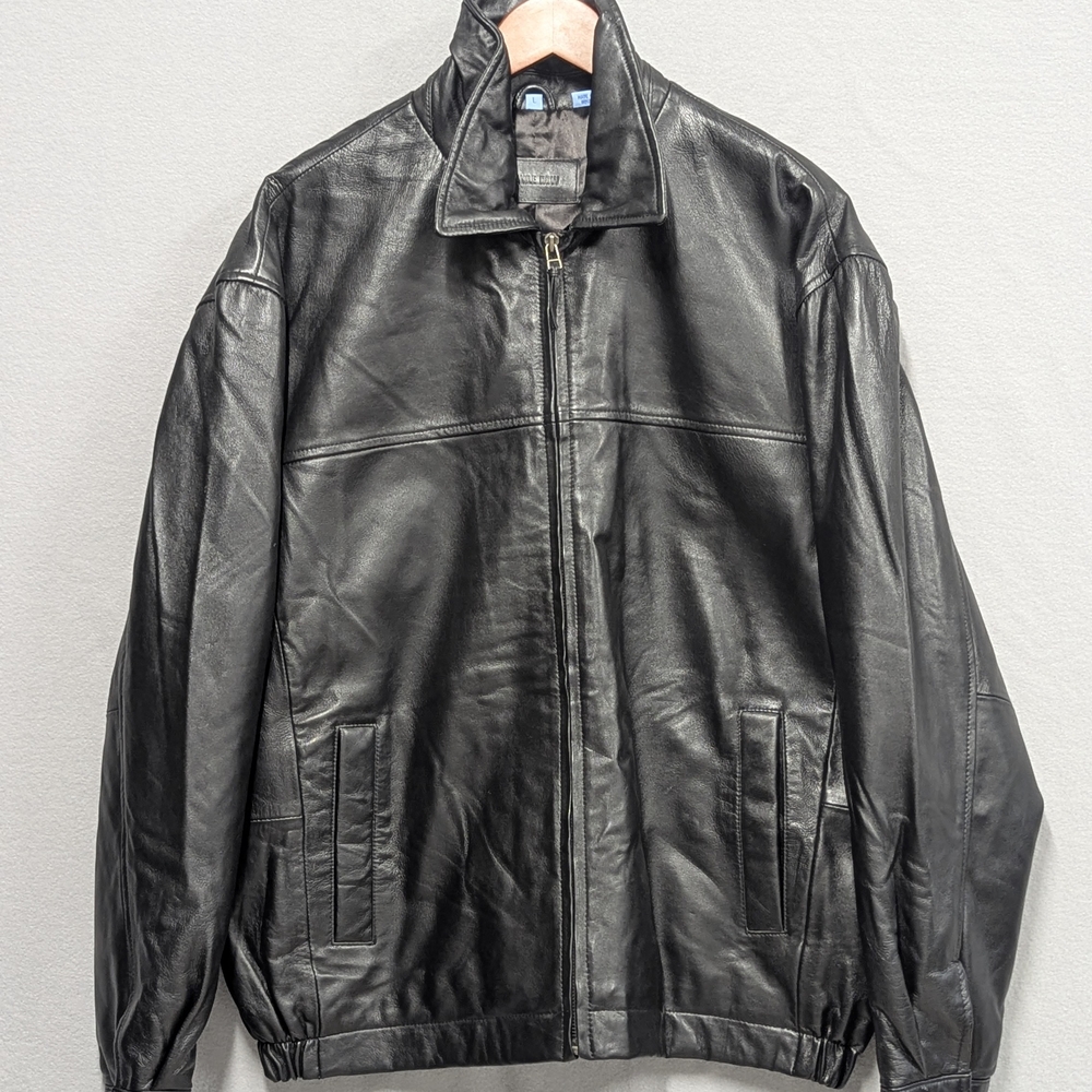 90's Genuine Black Leather Jacket Savile Row LARGE  Full Zip Inside Pockets Y2k